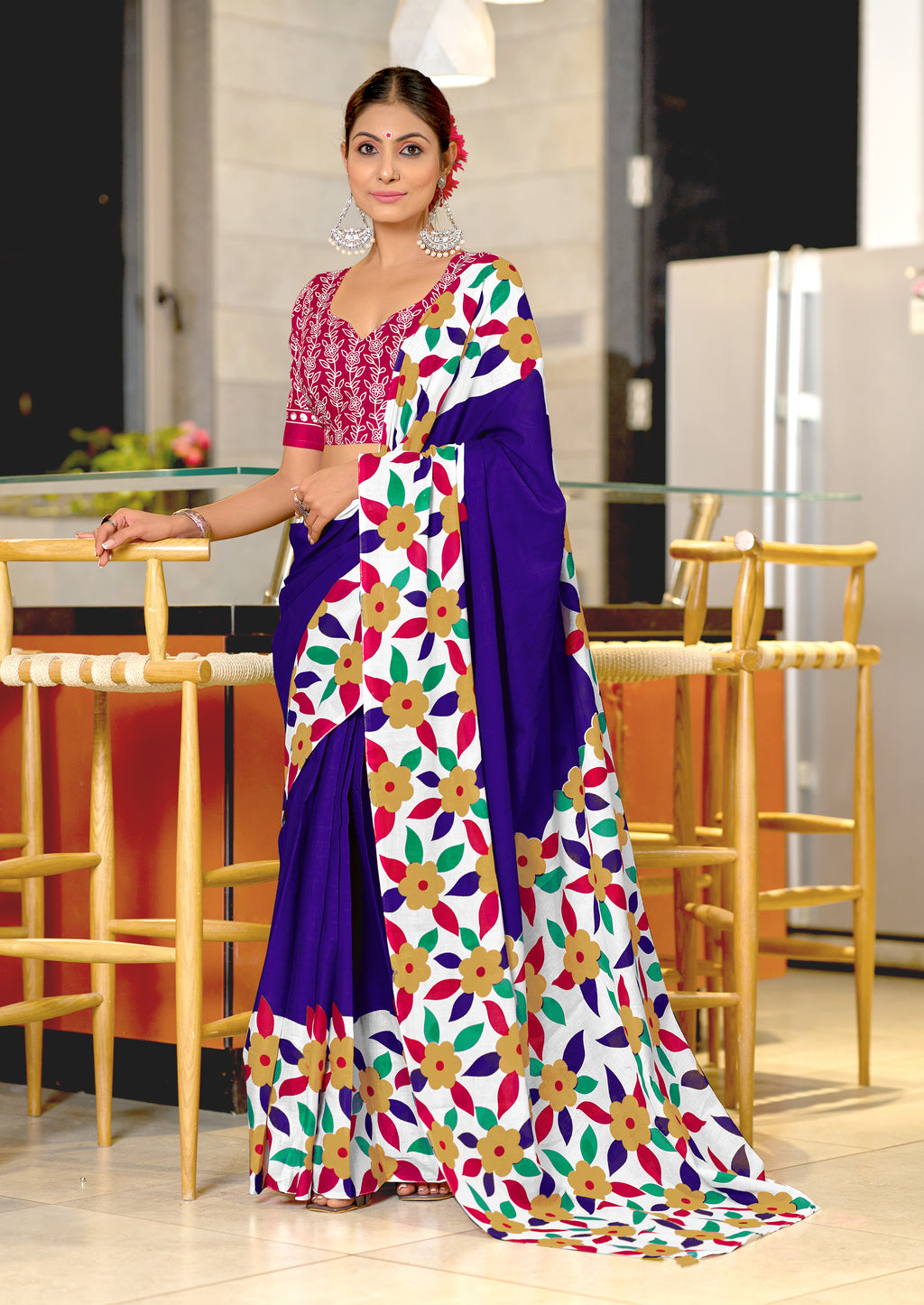 NIRUPA PURE MULMUL COTTON FLORAL PRINTED BLOCK PRINTD BLUE SAREE