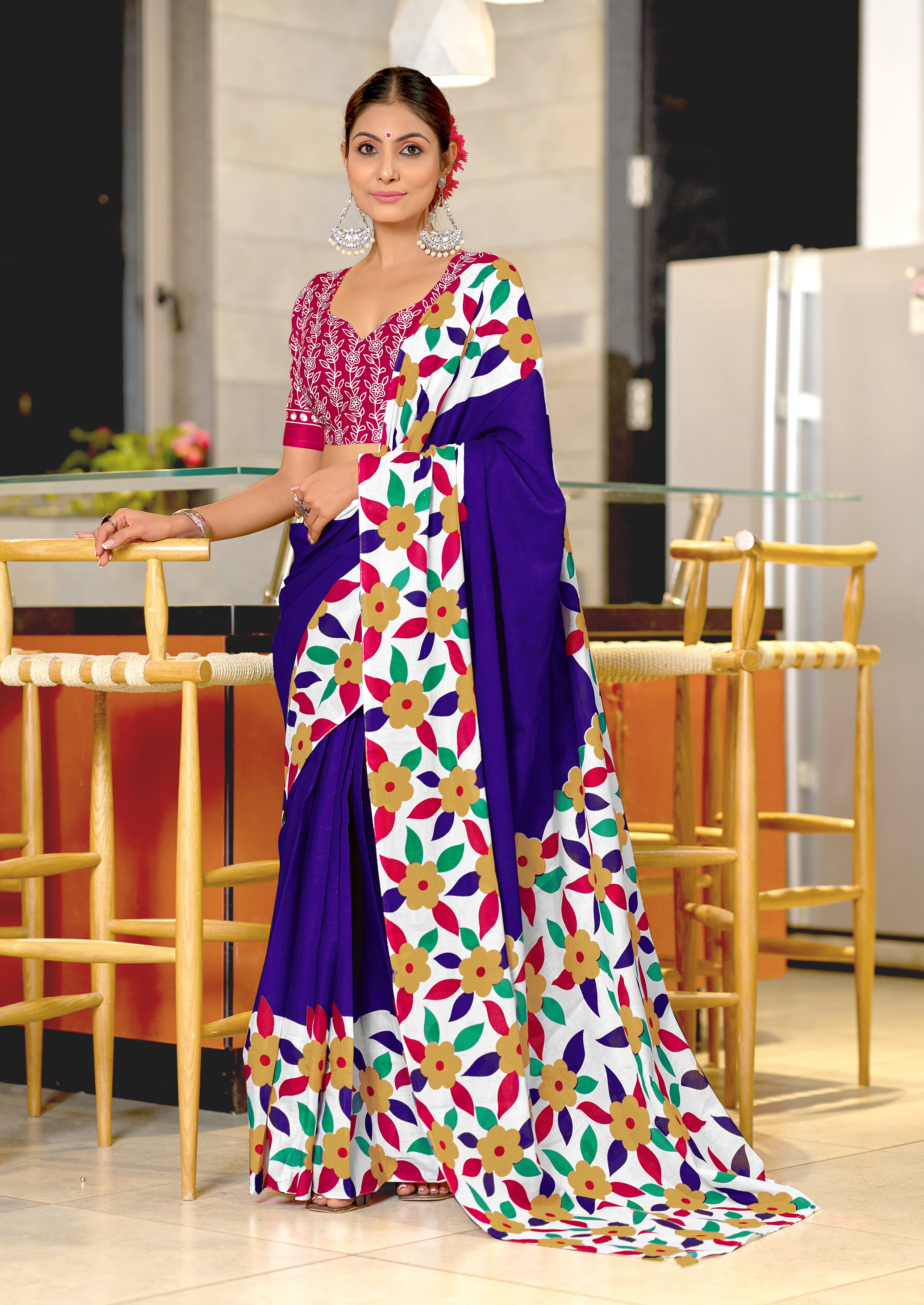 NIRUPA PURE MULMUL COTTON FLORAL PRINTED BLOCK PRINTD BLUE SAREE