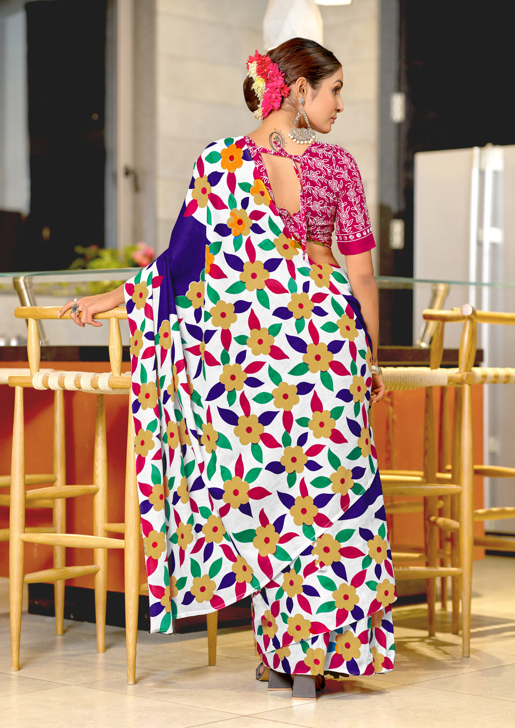 NIRUPA PURE MULMUL COTTON FLORAL PRINTED BLOCK PRINTD BLUE SAREE