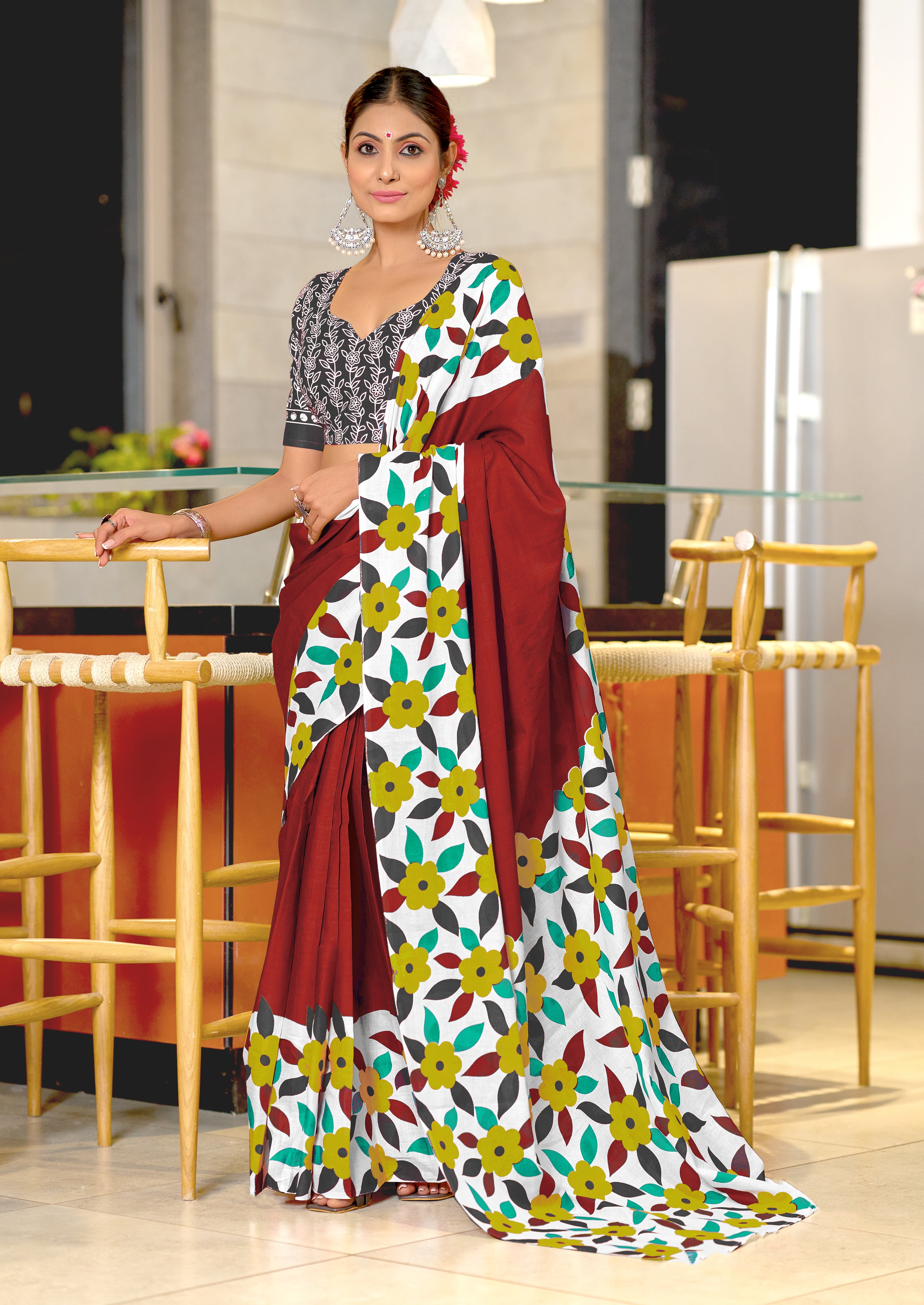 NIRUPA PURE MULMUL COTTON FLORAL PRINTED BLOCK PRINTD MAROON SAREE