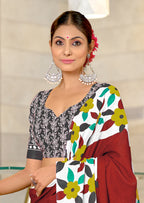 NIRUPA PURE MULMUL COTTON FLORAL PRINTED BLOCK PRINTD MAROON SAREE