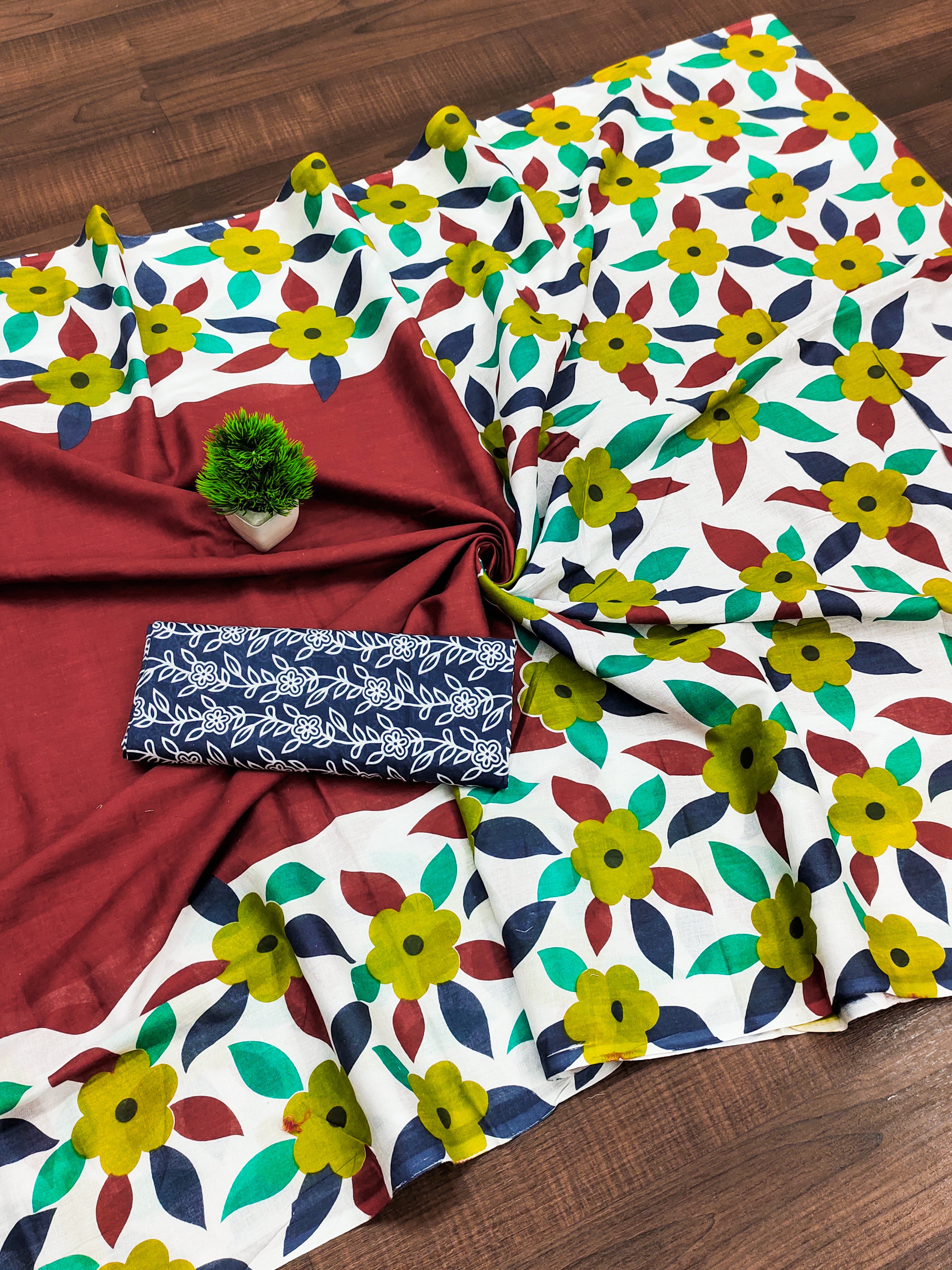 NIRUPA PURE MULMUL COTTON FLORAL PRINTED BLOCK PRINTD MAROON SAREE