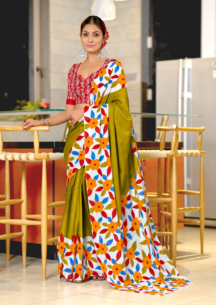 NIRUPA PURE MULMUL COTTON FLORAL PRINTED BLOCK PRINTD GREEN SAREE