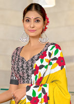 NIRUPA PURE MULMUL COTTON FLORAL PRINTED BLOCK PRINTD YELLOW SAREE