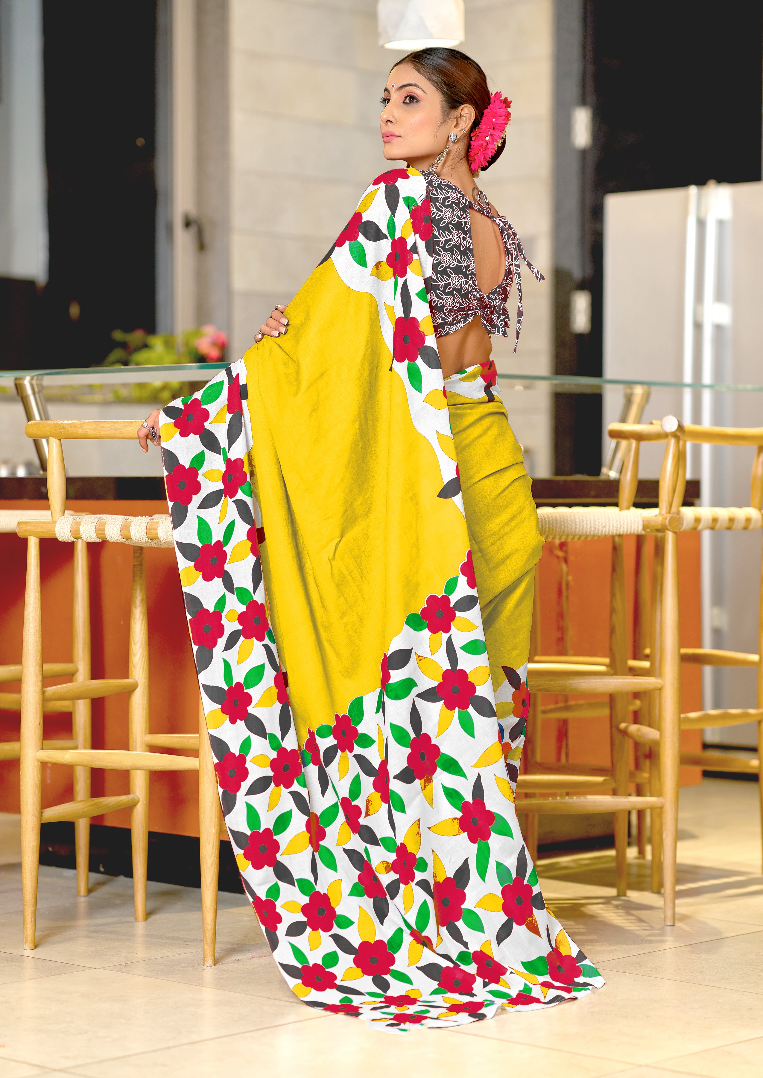 NIRUPA PURE MULMUL COTTON FLORAL PRINTED BLOCK PRINTD YELLOW SAREE