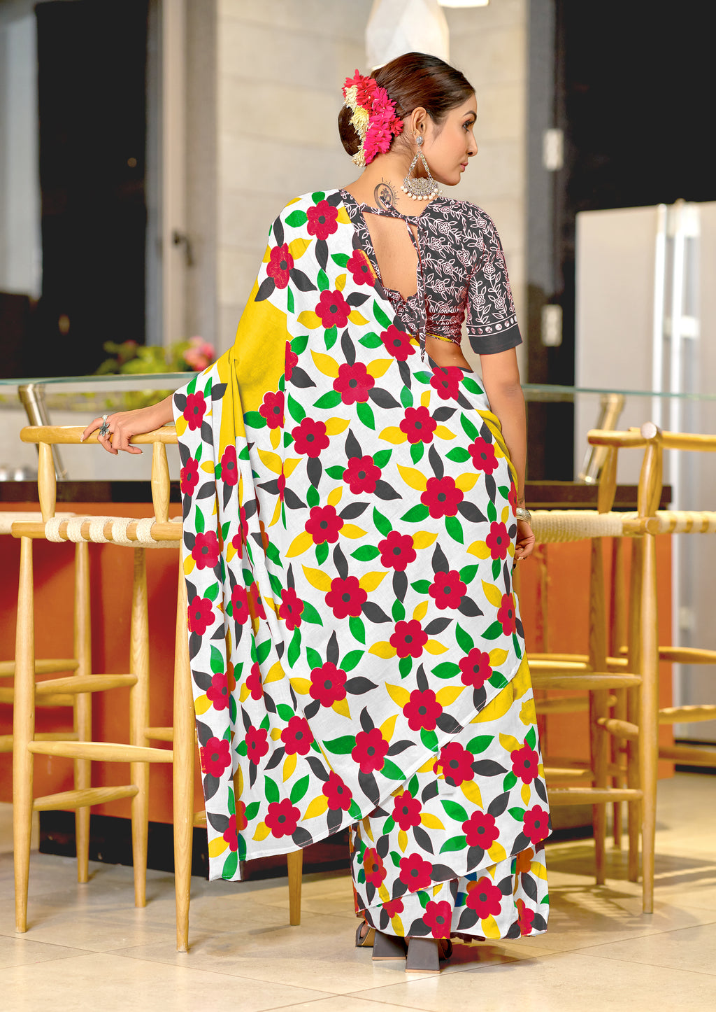 NIRUPA PURE MULMUL COTTON FLORAL PRINTED BLOCK PRINTD YELLOW SAREE