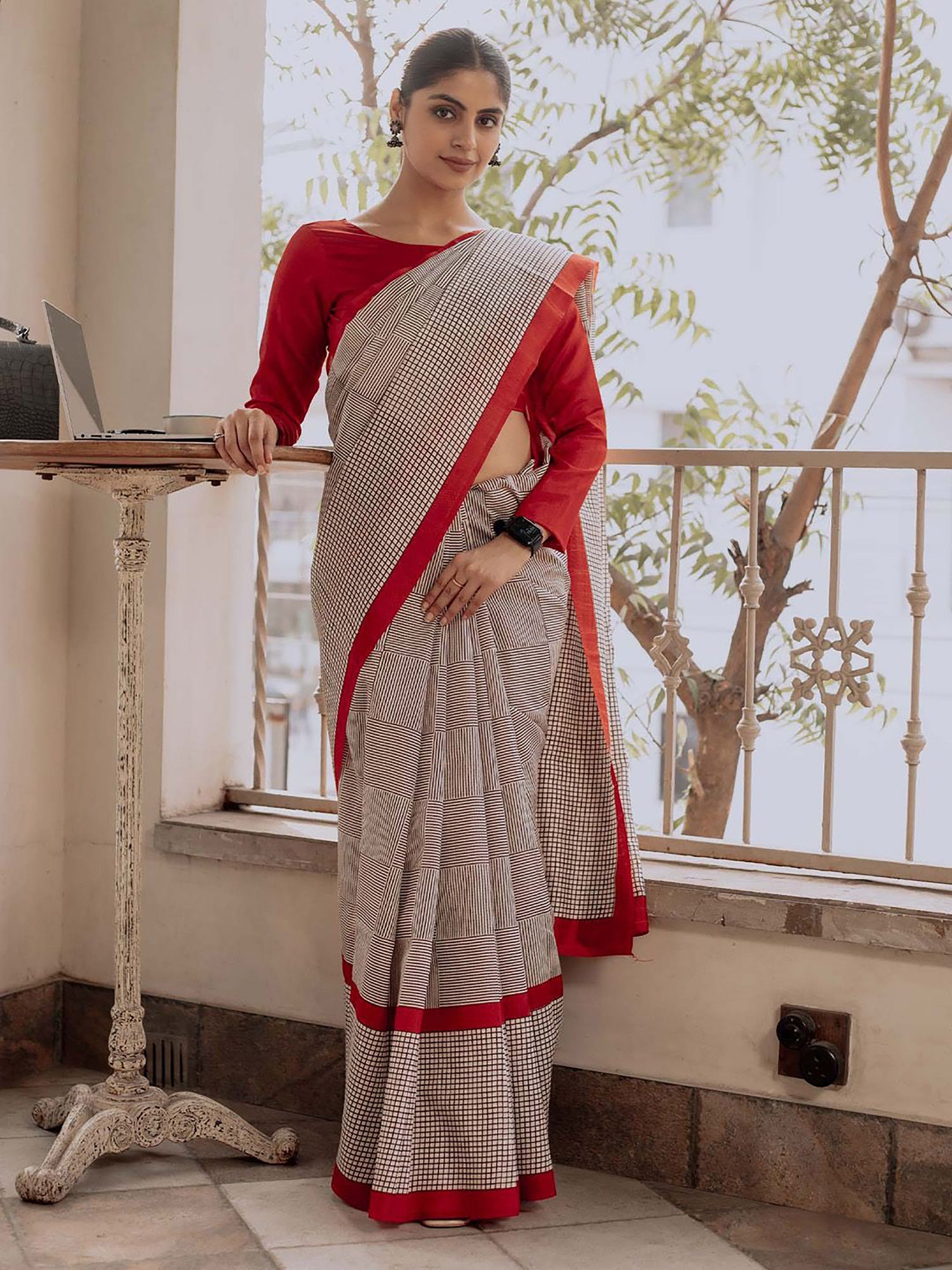 OFFICE TIME SOFT PURE COTTON FANCY TRANDING OFFICE WEAR JAIPUR BLOCK PRINT BEAGE RED SAREE