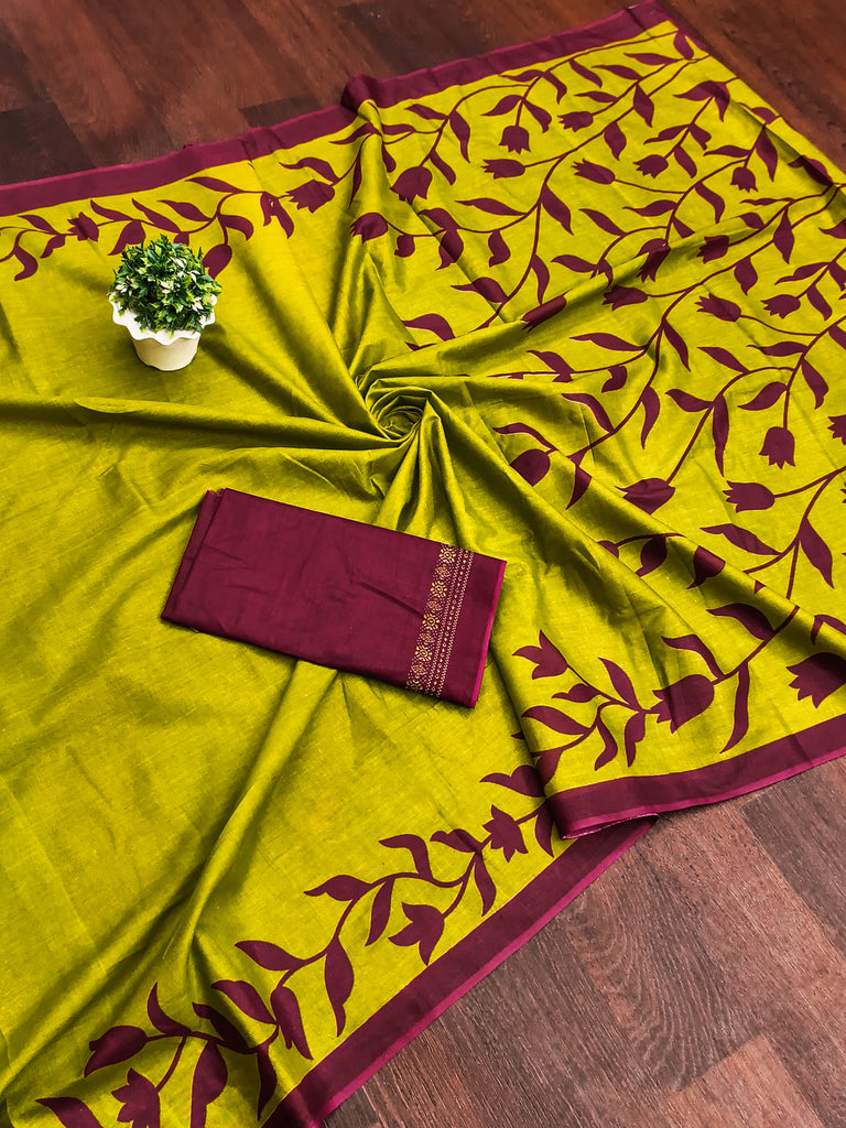 PADMAVATI PURE MULMUL COTTON FANCY HAND BLOCK PRINT GREEN SAREE