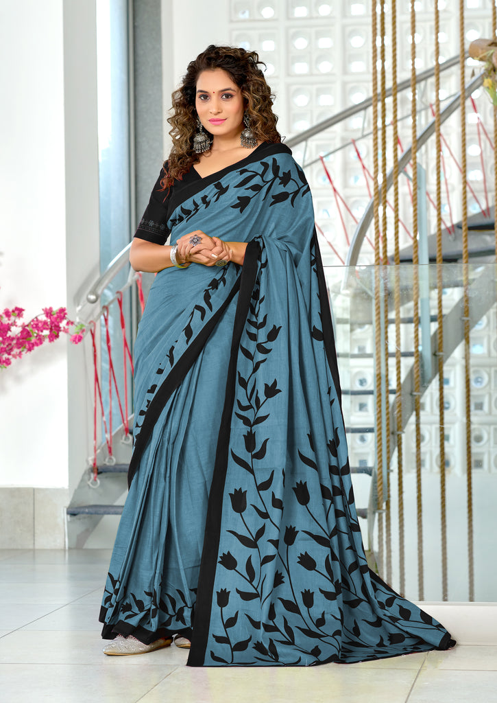 PADMAVATI PURE MULMUL COTTON FANCY HAND BLOCK PRINT GREY SAREE