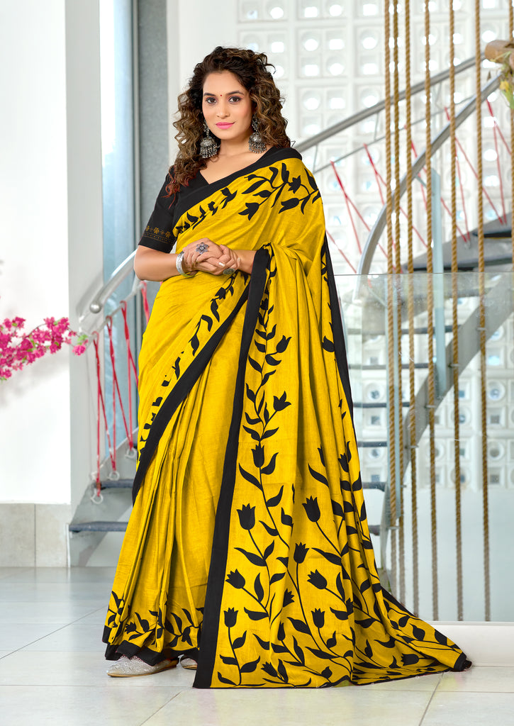 PADMAVATI PURE MULMUL COTTON FANCY HAND BLOCK PRINT YELLOW SAREE