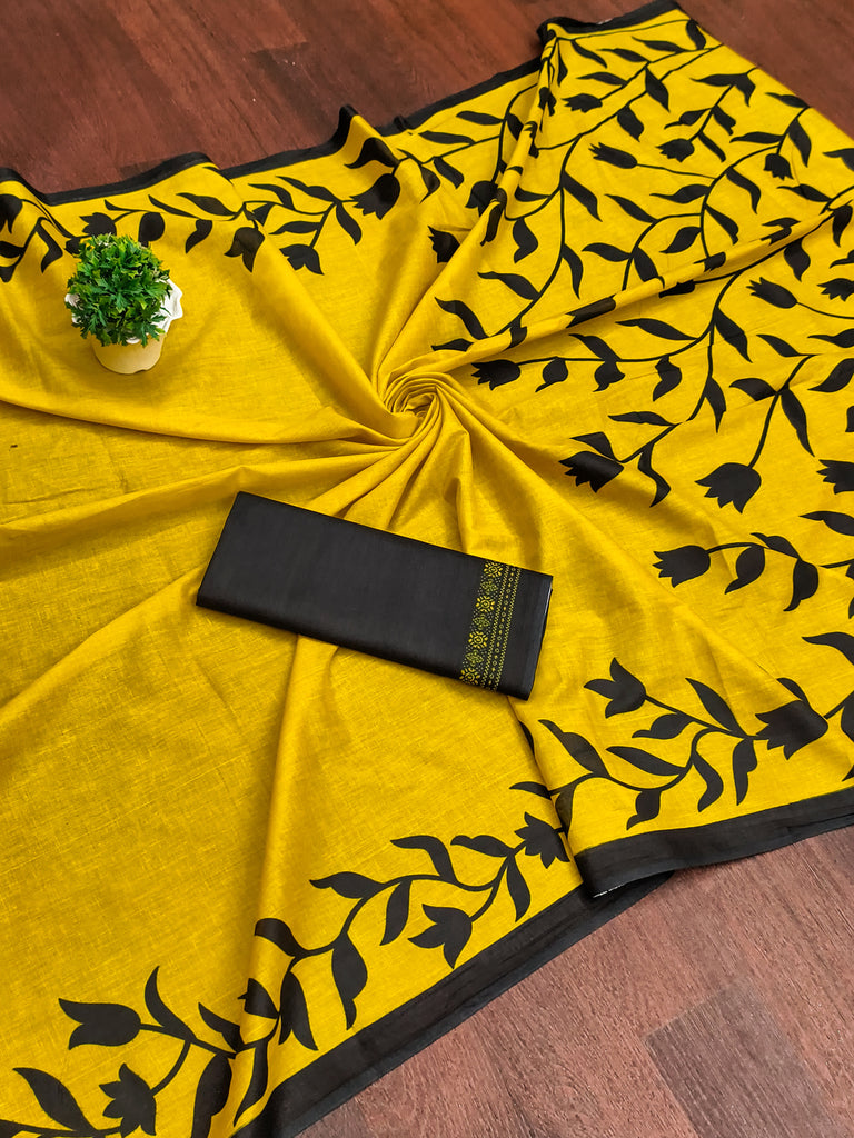 PADMAVATI PURE MULMUL COTTON FANCY HAND BLOCK PRINT YELLOW SAREE