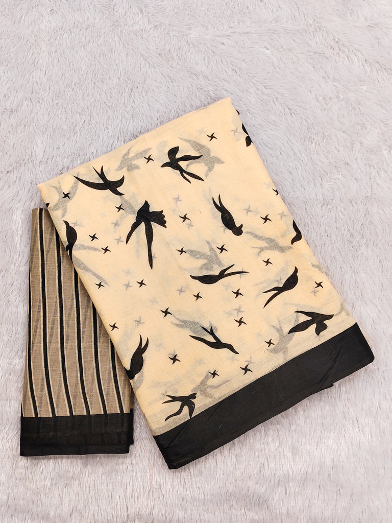 PANCHI INDIAN STYLE PURE COTTON BLOCK PRINT CREAM SAREE