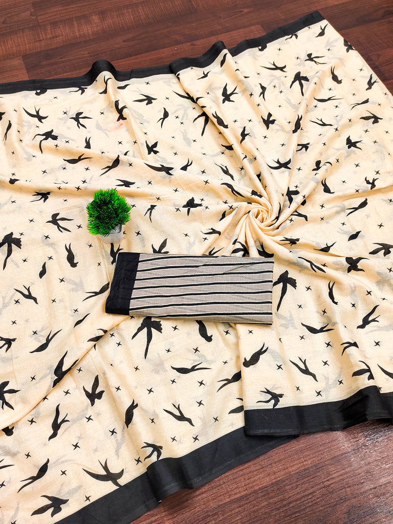 PANCHI INDIAN STYLE PURE COTTON BLOCK PRINT CREAM SAREE