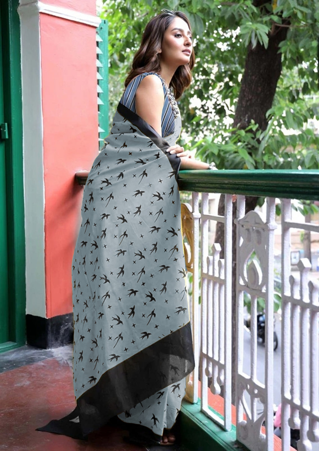 PANCHI INDIAN STYLE PURE COTTON BLOCK PRINT GREY SAREE