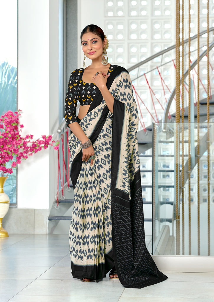PARIBHASHA PURE MULMUL COTTON FANCY HAND BLOCK PRINT WHITE AND BLACK SAREE