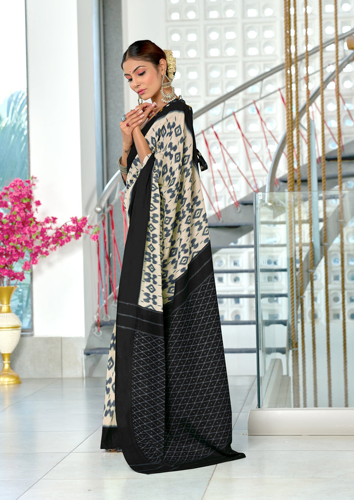 PARIBHASHA PURE MULMUL COTTON FANCY HAND BLOCK PRINT WHITE AND BLACK SAREE