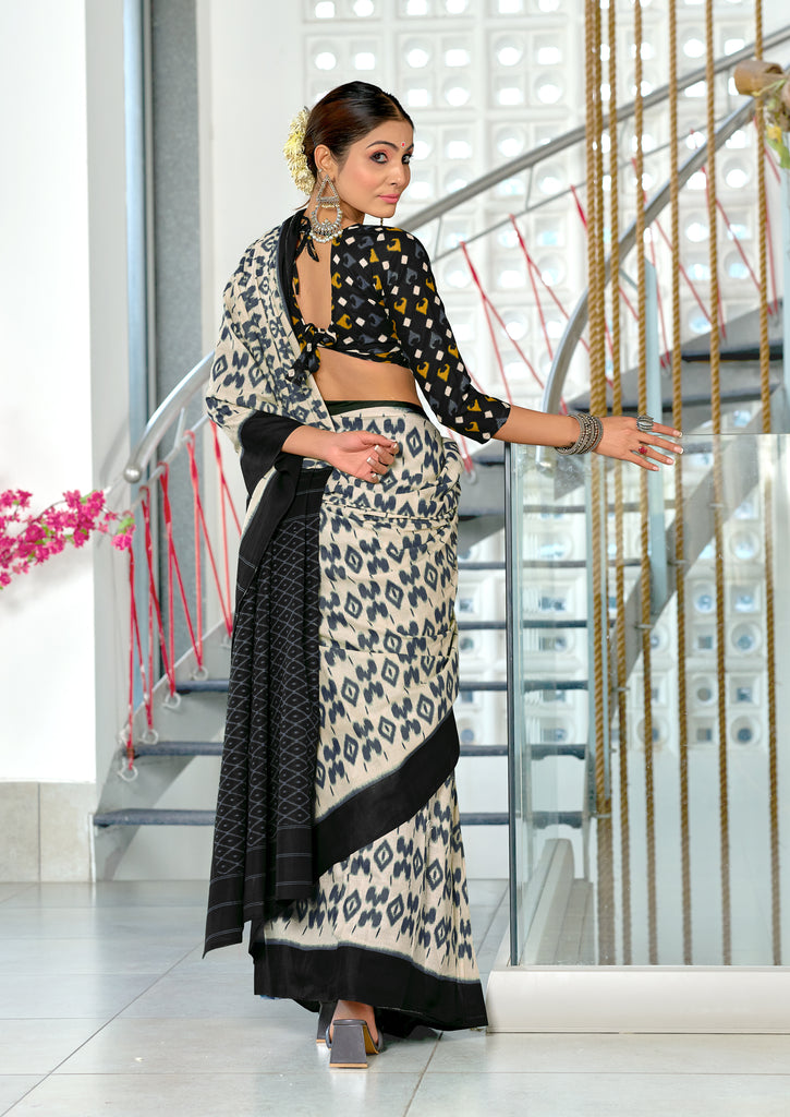 PARIBHASHA PURE MULMUL COTTON FANCY HAND BLOCK PRINT WHITE AND BLACK SAREE