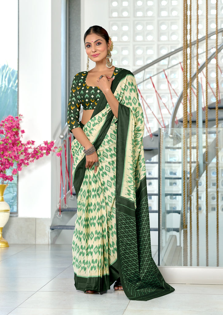 PARIBHASHA PURE MULMUL COTTON FANCY HAND BLOCK PRINT WHITE AND GREEN SAREE