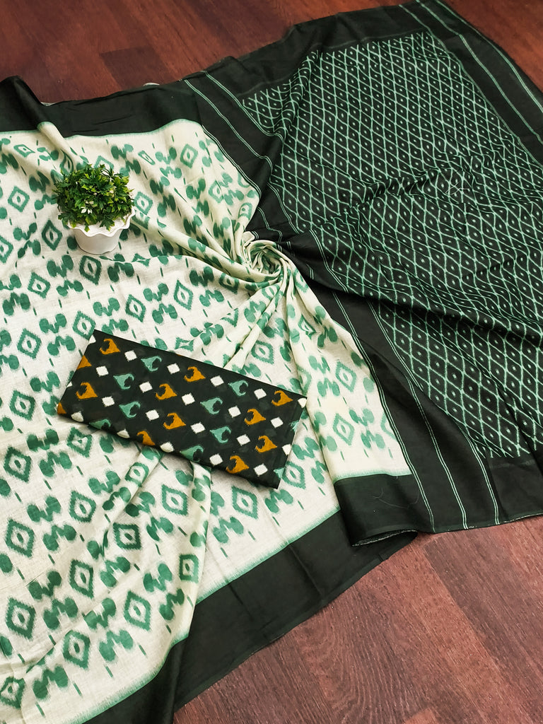 PARIBHASHA PURE MULMUL COTTON FANCY HAND BLOCK PRINT WHITE AND GREEN SAREE