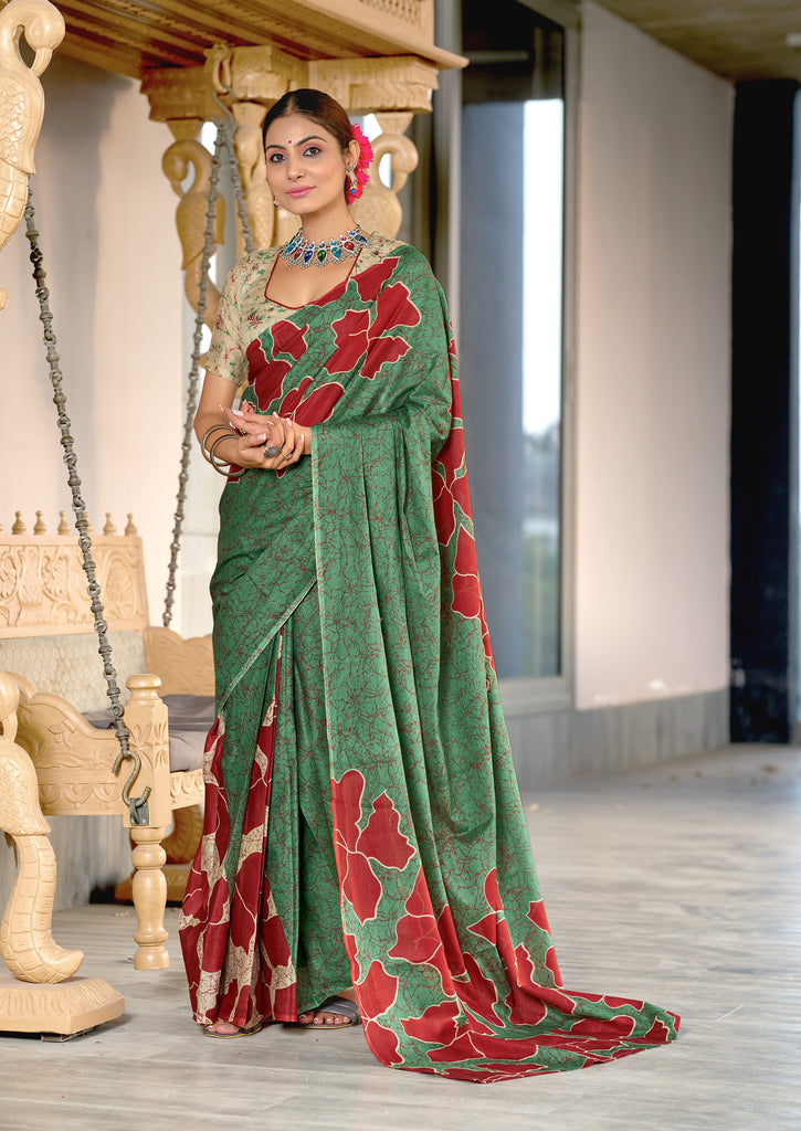 FLORAL BATIK HAND BLOCK STYLE PRINT MULMUL COTTON GREEN SAREE