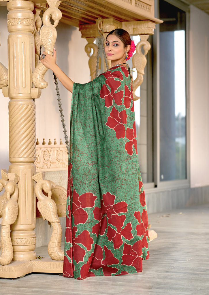 FLORAL BATIK HAND BLOCK STYLE PRINT MULMUL COTTON GREEN SAREE