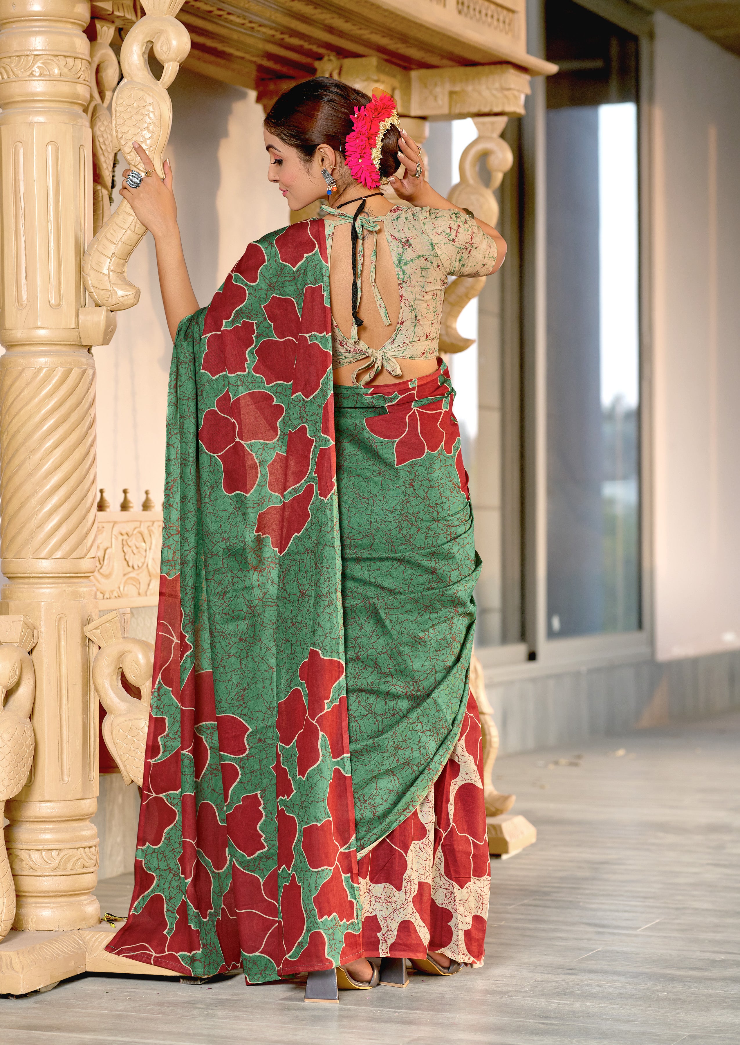 FLORAL BATIK HAND BLOCK STYLE PRINT MULMUL COTTON GREEN SAREE