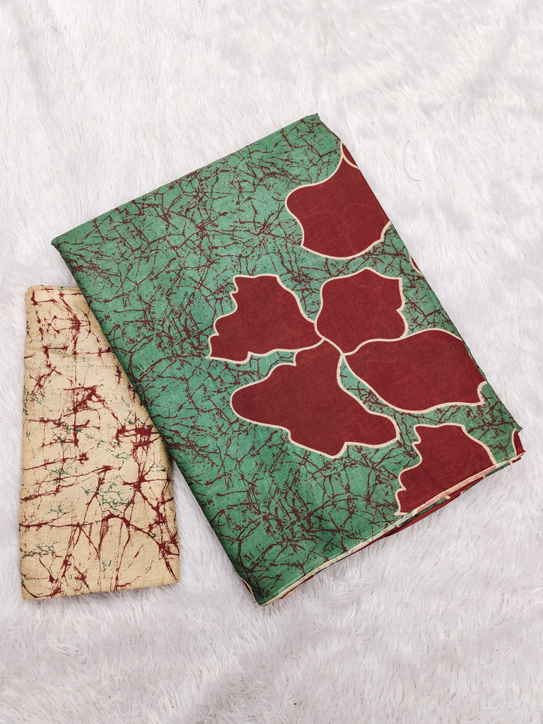 FLORAL BATIK HAND BLOCK STYLE PRINT MULMUL COTTON GREEN SAREE