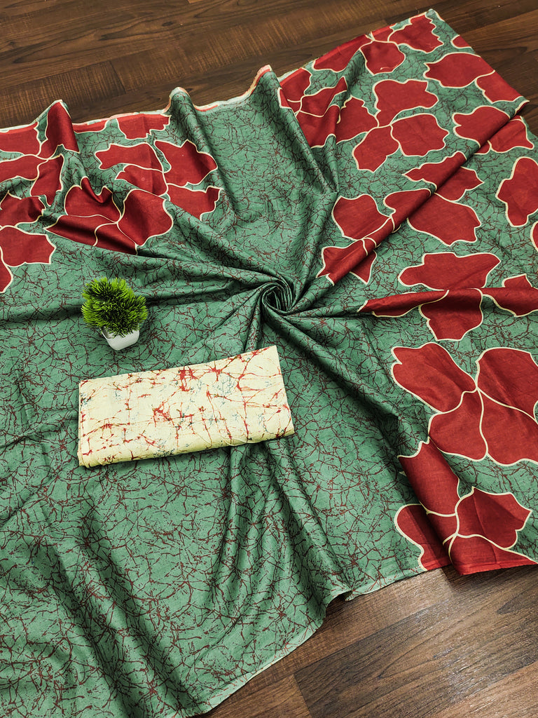 FLORAL BATIK HAND BLOCK STYLE PRINT MULMUL COTTON GREEN SAREE
