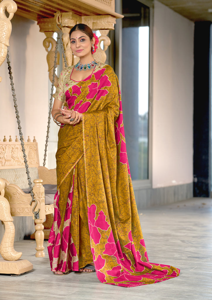 FLORAL BATIK HAND BLOCK STYLE PRINT MULMUL COTTON MUSTARD SAREE