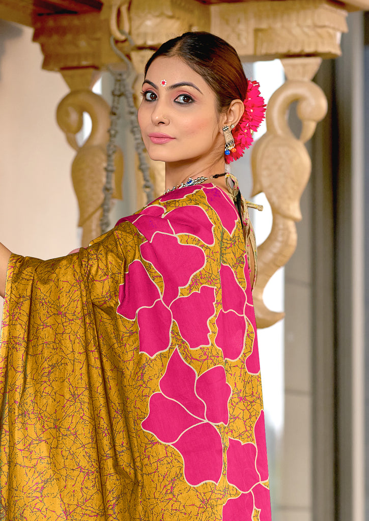 FLORAL BATIK HAND BLOCK STYLE PRINT MULMUL COTTON MUSTARD SAREE