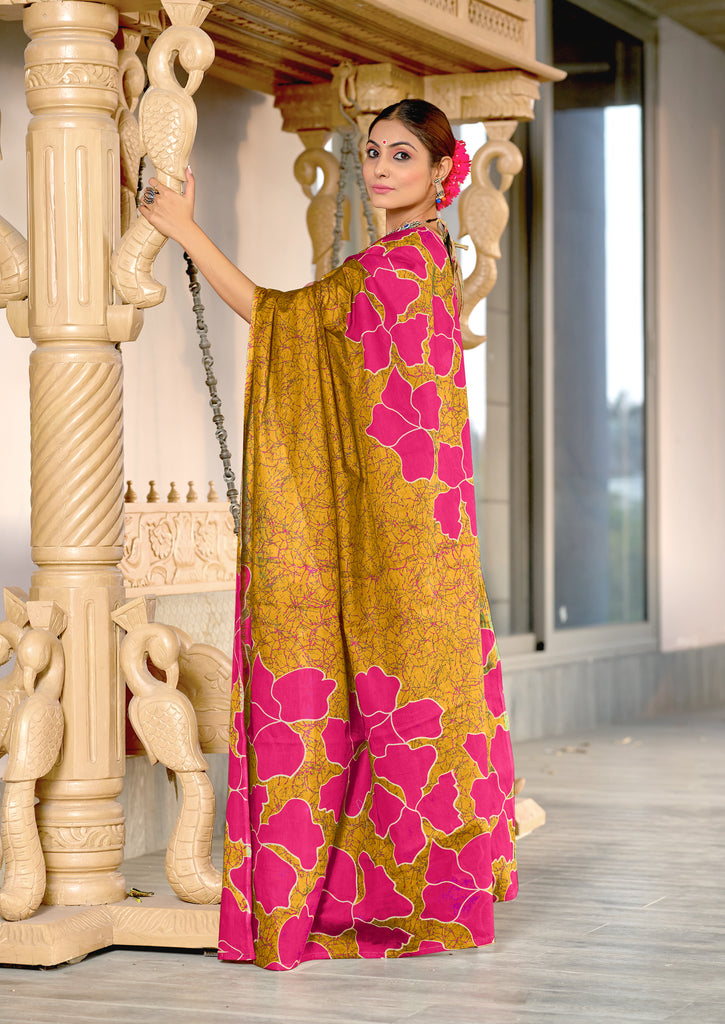 FLORAL BATIK HAND BLOCK STYLE PRINT MULMUL COTTON MUSTARD SAREE