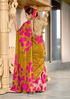 FLORAL BATIK HAND BLOCK STYLE PRINT MULMUL COTTON MUSTARD SAREE