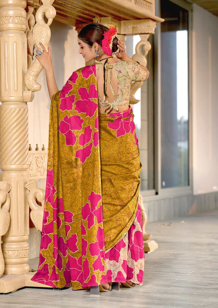 FLORAL BATIK HAND BLOCK STYLE PRINT MULMUL COTTON MUSTARD SAREE