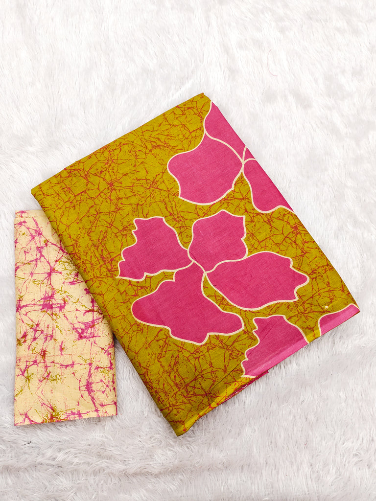 FLORAL BATIK HAND BLOCK STYLE PRINT MULMUL COTTON MUSTARD SAREE