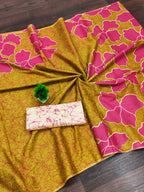 FLORAL BATIK HAND BLOCK STYLE PRINT MULMUL COTTON MUSTARD SAREE