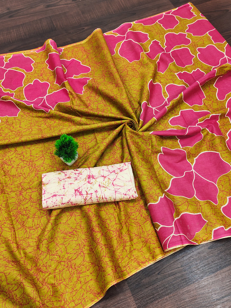 FLORAL BATIK HAND BLOCK STYLE PRINT MULMUL COTTON MUSTARD SAREE