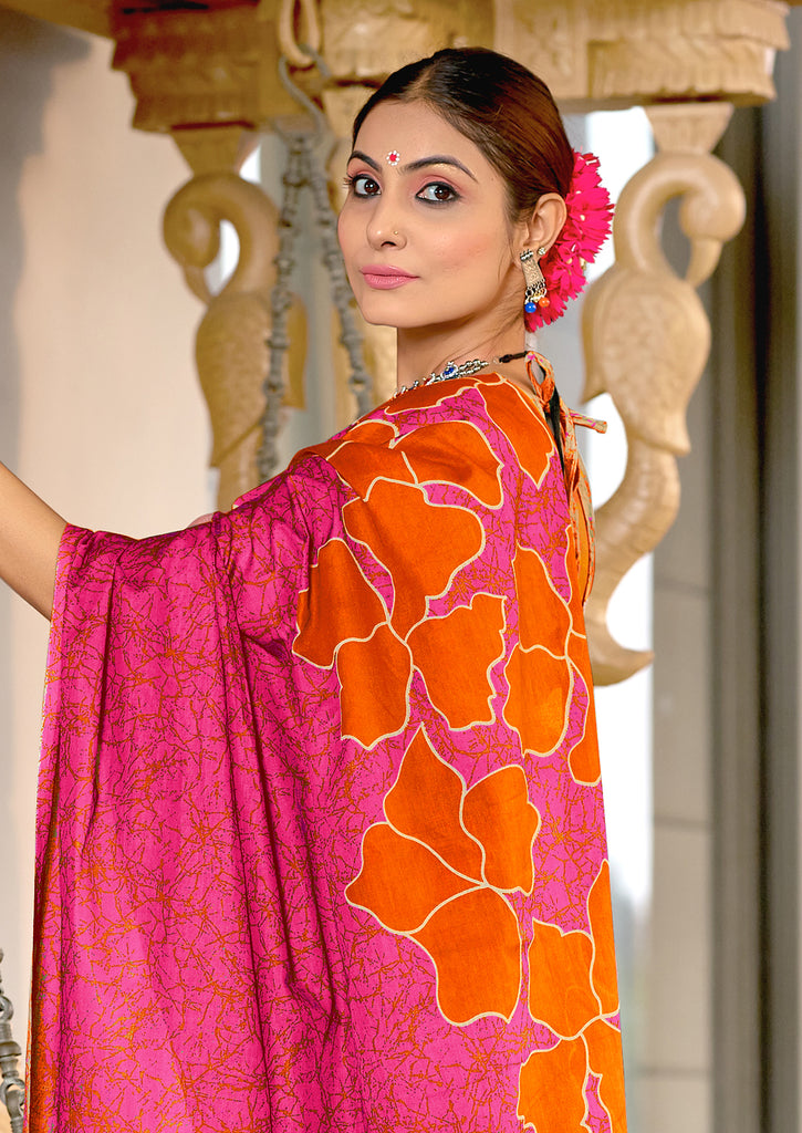 FLORAL BATIK HAND BLOCK STYLE PRINT MULMUL COTTON ORANGE SAREE