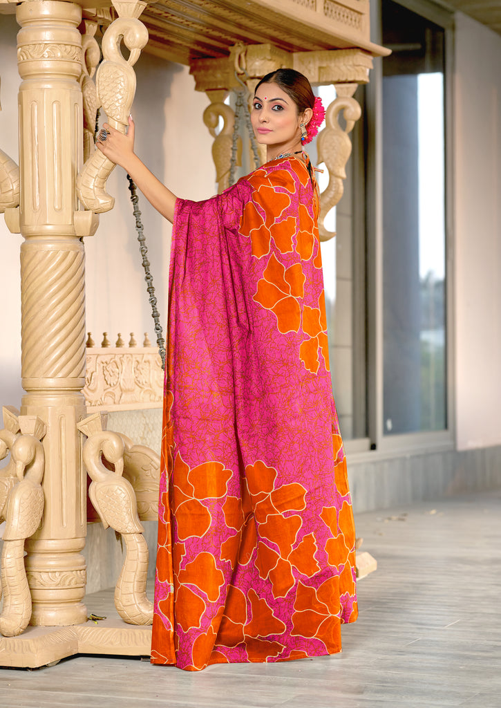FLORAL BATIK HAND BLOCK STYLE PRINT MULMUL COTTON ORANGE SAREE