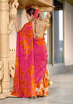 FLORAL BATIK HAND BLOCK STYLE PRINT MULMUL COTTON ORANGE SAREE