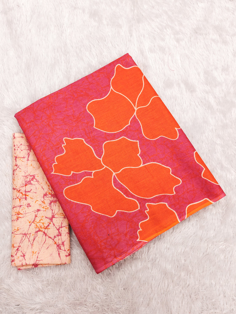 FLORAL BATIK HAND BLOCK STYLE PRINT MULMUL COTTON ORANGE SAREE