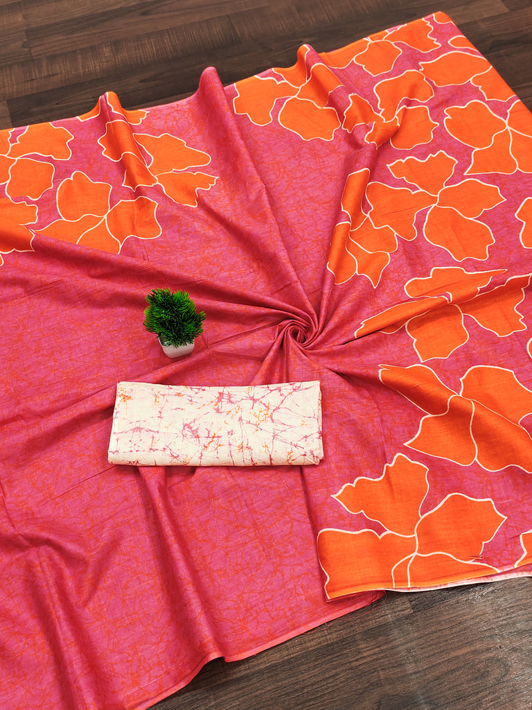 FLORAL BATIK HAND BLOCK STYLE PRINT MULMUL COTTON ORANGE SAREE