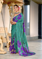 FLORAL BATIK HAND BLOCK STYLE PRINT MULMUL COTTON TEAL GREEN SAREE