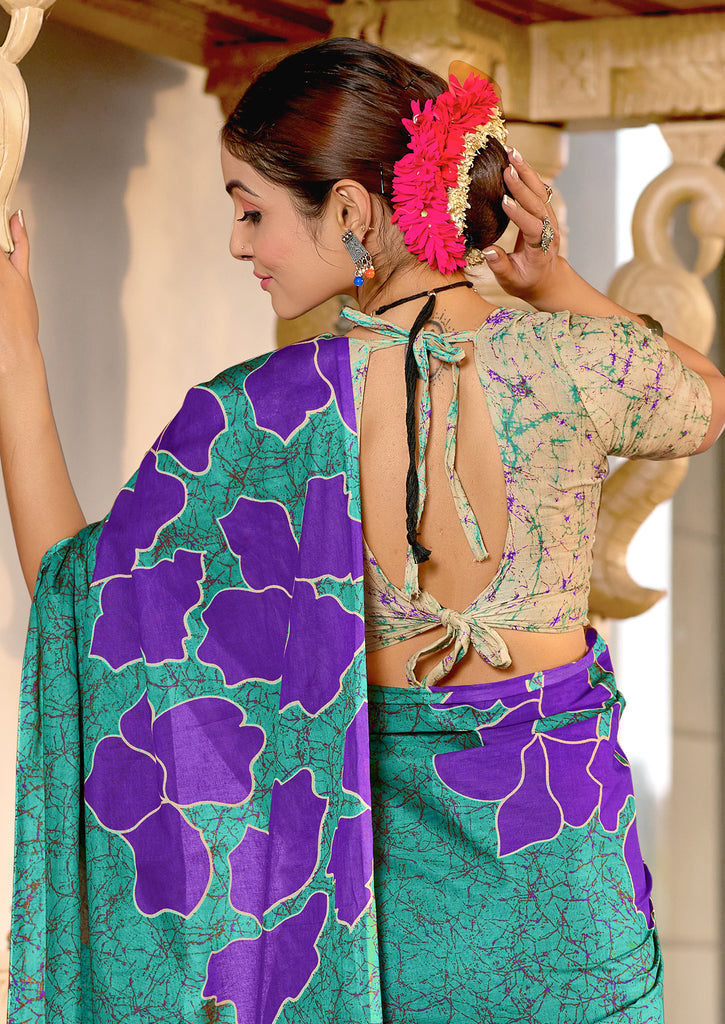 FLORAL BATIK HAND BLOCK STYLE PRINT MULMUL COTTON TEAL GREEN SAREE