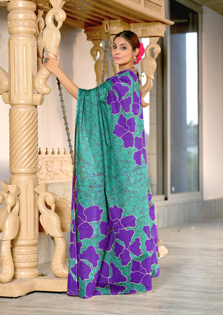 FLORAL BATIK HAND BLOCK STYLE PRINT MULMUL COTTON TEAL GREEN SAREE
