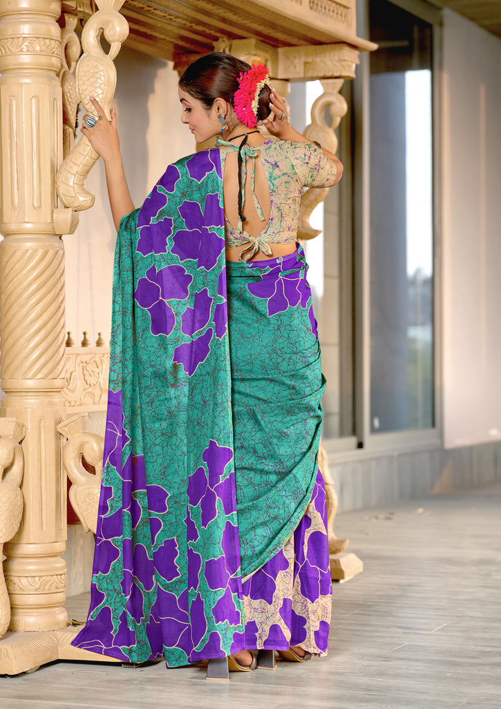 FLORAL BATIK HAND BLOCK STYLE PRINT MULMUL COTTON TEAL GREEN SAREE