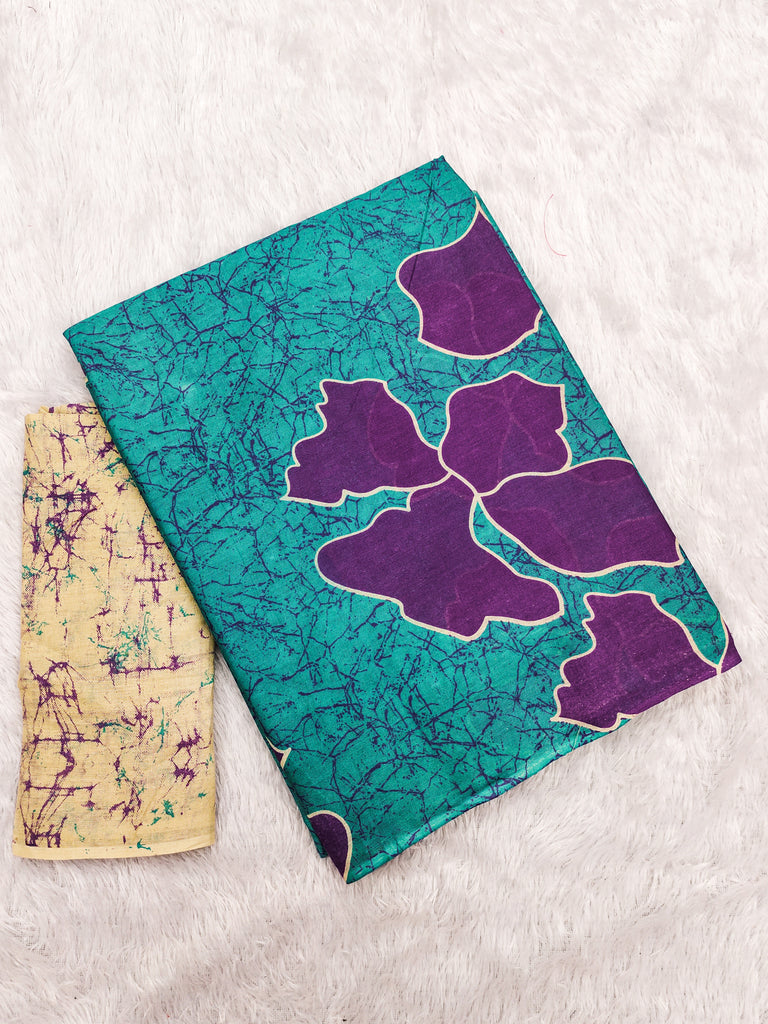 FLORAL BATIK HAND BLOCK STYLE PRINT MULMUL COTTON TEAL GREEN SAREE