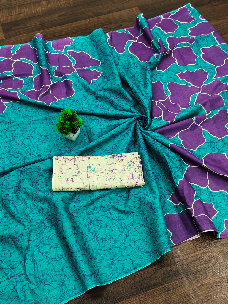 FLORAL BATIK HAND BLOCK STYLE PRINT MULMUL COTTON TEAL GREEN SAREE