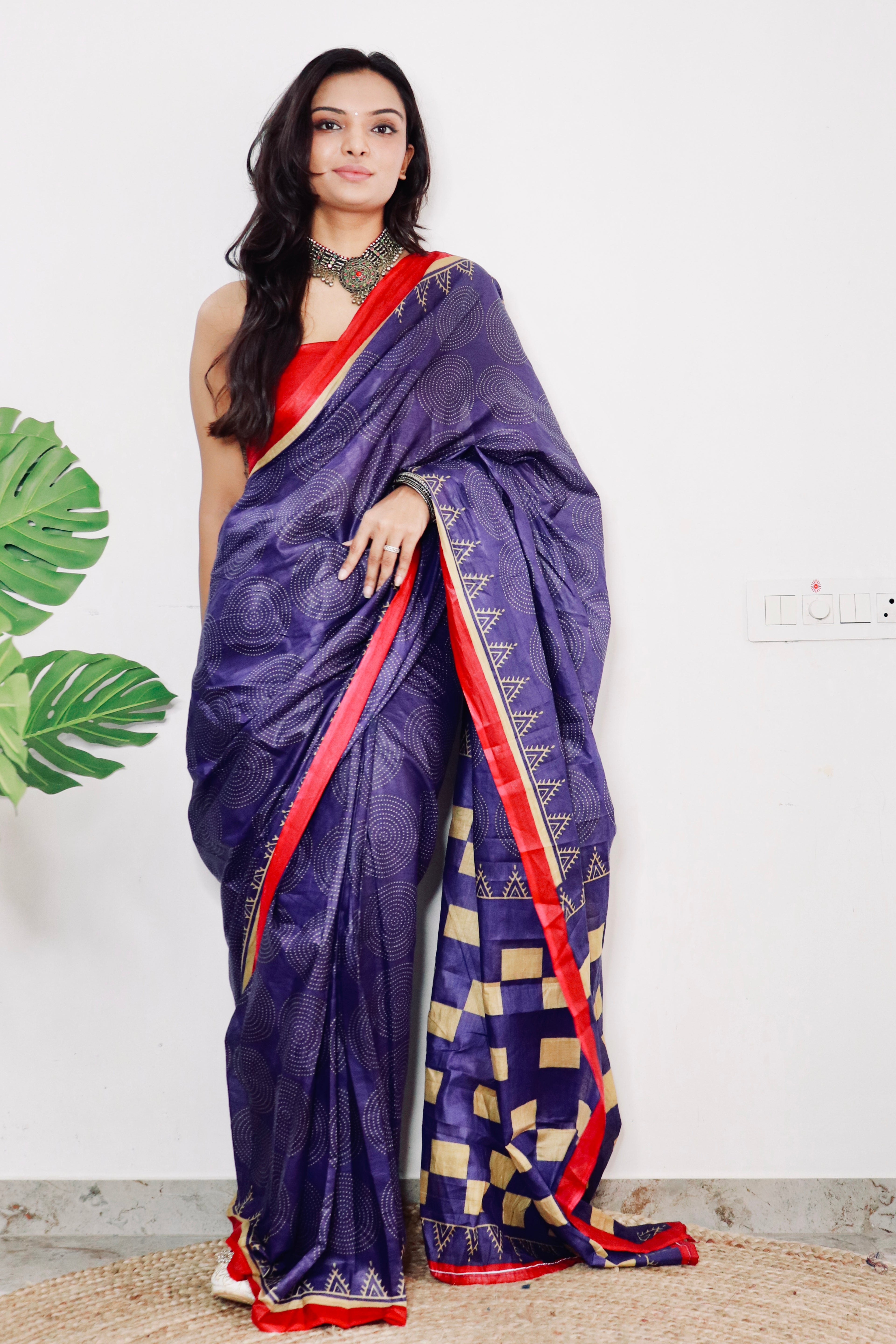 PARV SOFT PURE COTTON BAGRU BANDHANI HAND BLOCK PRINT NEVY BLUE SAREE