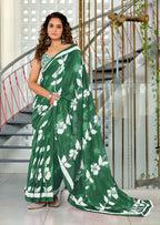PETAL PARADISE FLORAL HAND PRINT MULMUL COTTON BOTTEL GREEN SAREE