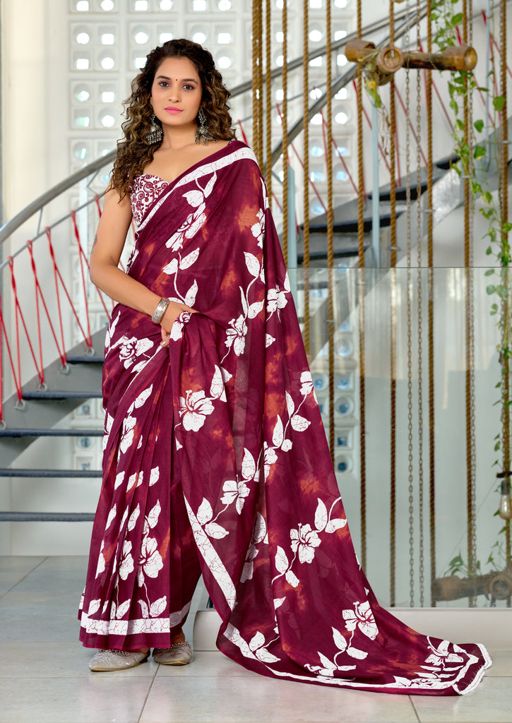 PETAL PARADISE FLORAL HAND PRINT MULMUL COTTON MAROON SAREE
